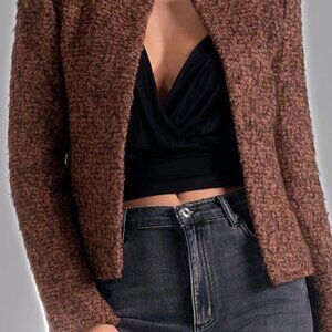 NWT Elan Brown Wool Blend Tweed Structured Cropped Blazer. Size L